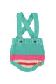 Unisex baby turquoise knitted romper with multicolor stripes