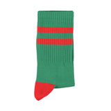 Green socks with red stripes