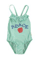 swimsuit w/ ruffles | green checkered  w/ "peace" print