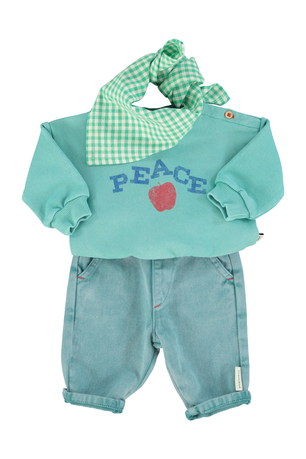 Unisex baby turquoise sweatshirt with “peace” print