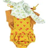Baby playsuit | mustard w/ red hearts allover