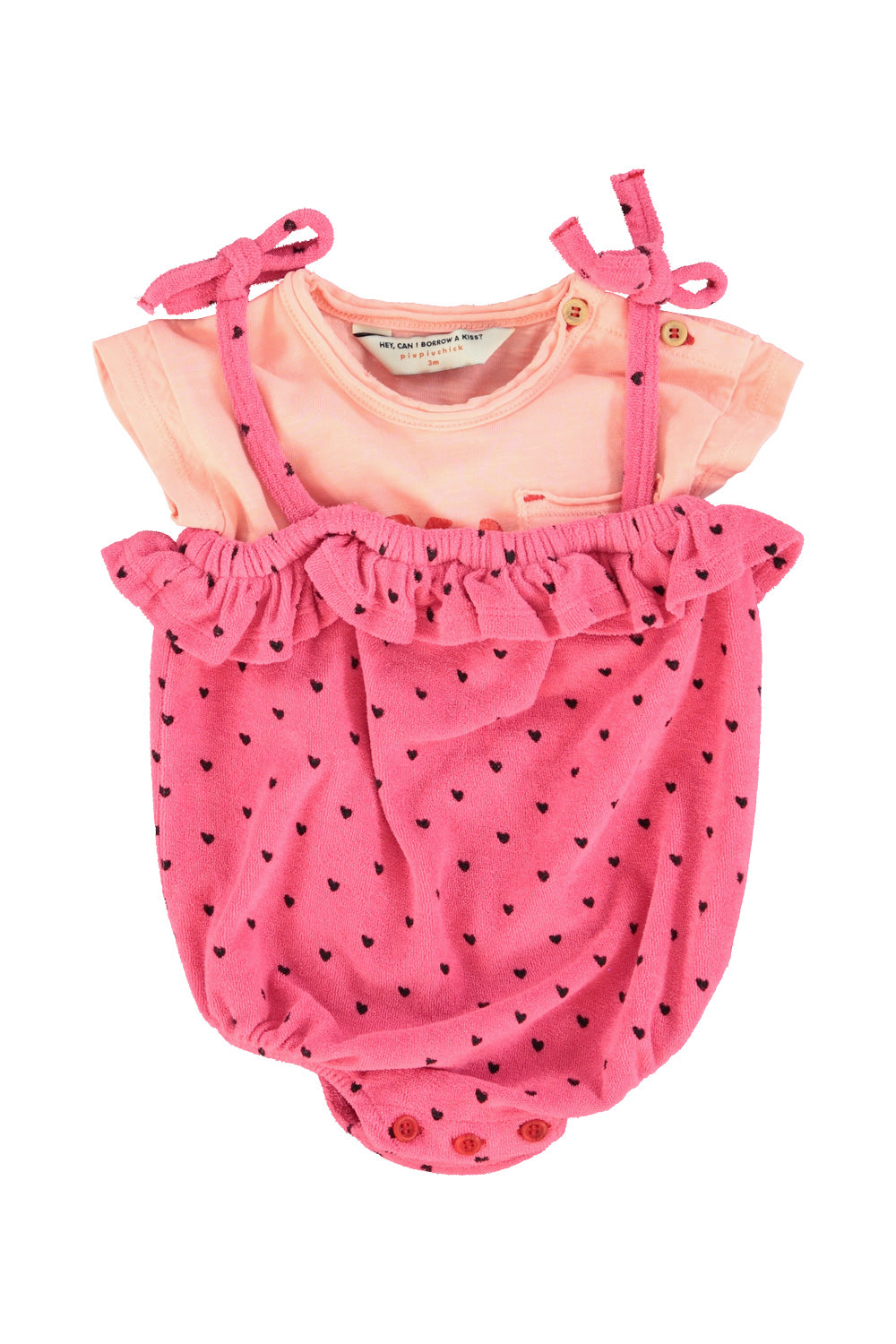 baby romper w/ ruffles | pink w/ black hearts allover