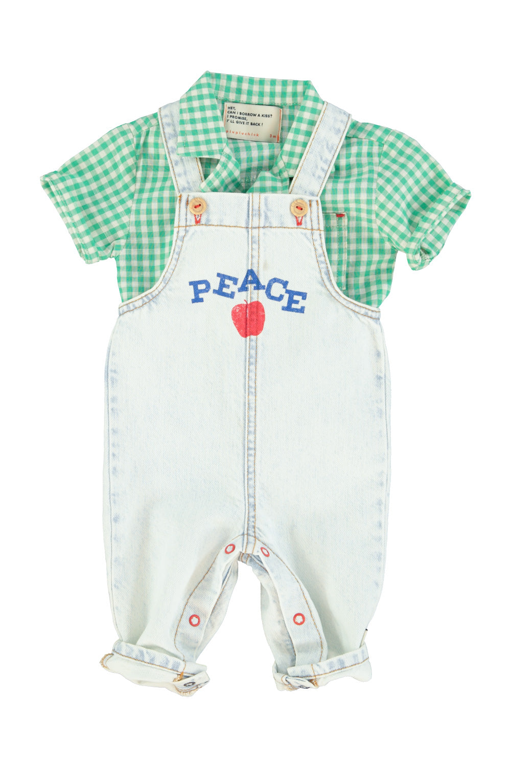 baby dungarees | washed light blue denim w/  "peace" print