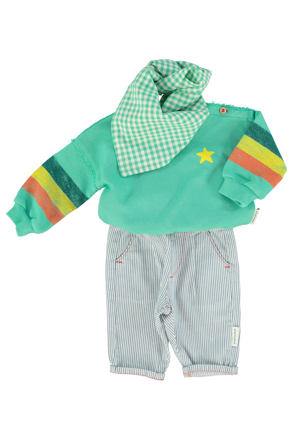 Unisex baby green sweatshirt with multicolor sleeve stripes