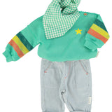 Unisex baby green sweatshirt with multicolor sleeve stripes