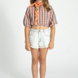 cropped blouse w/ baloon sleeves  | pink & green checkered
