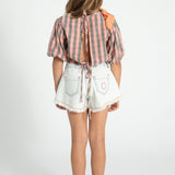 cropped blouse w/ baloon sleeves  | pink & green checkered