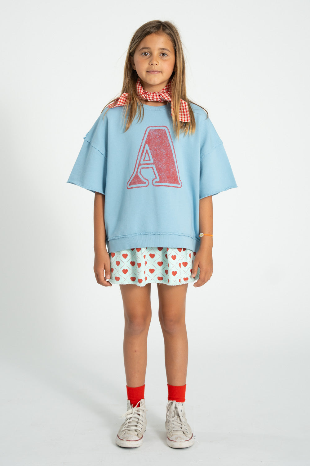 Unisex blue short sleeve sweatshirt with “A” print