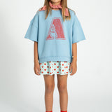 Unisex blue short sleeve sweatshirt with “A” print