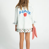 jacket | washed light blue denim w/ "peace" print