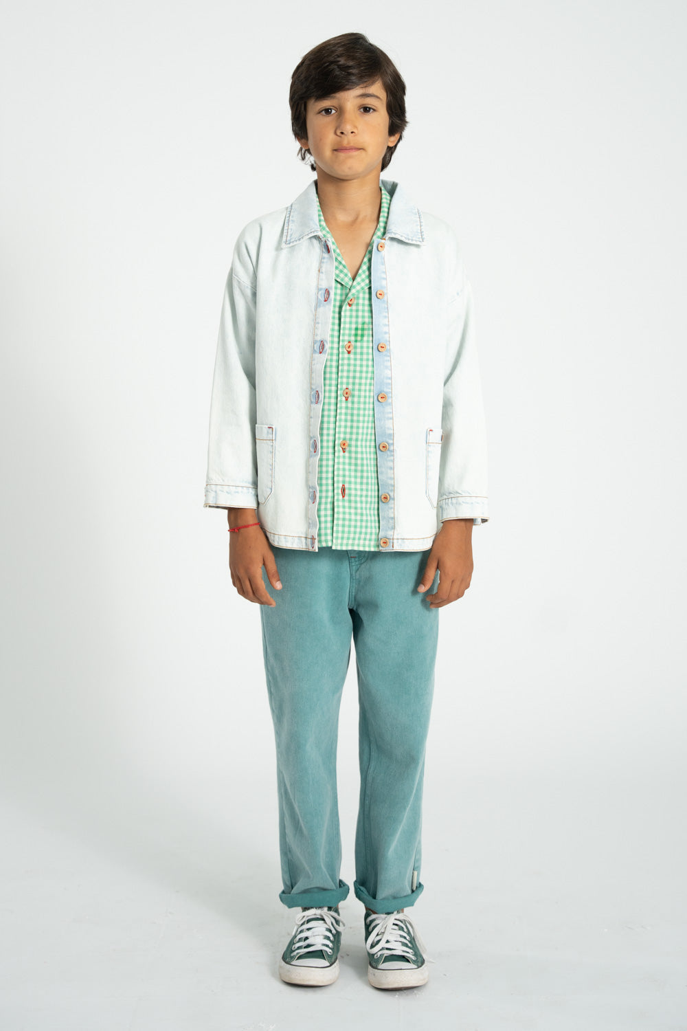jacket | washed light blue denim w/ "peace" print