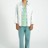jacket | washed light blue denim w/ "peace" print