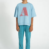 Unisex blue short sleeve sweatshirt with “A” print