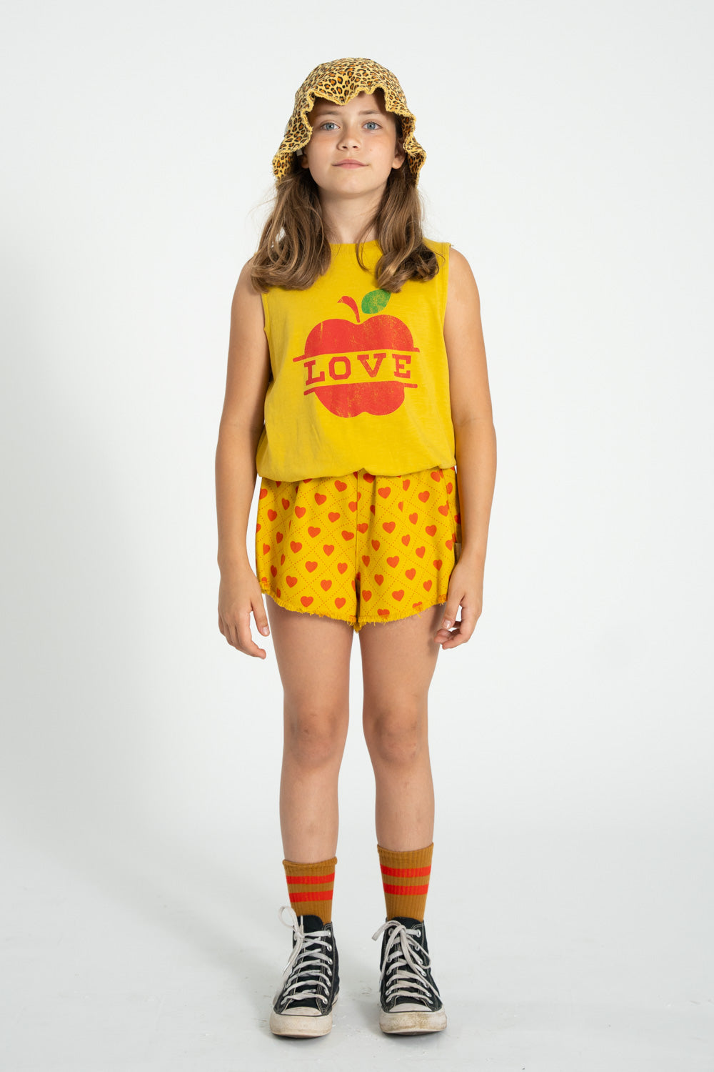 shorts w/ fringes | mustard w/ red hearts allover