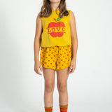 shorts w/ fringes | mustard w/ red hearts allover