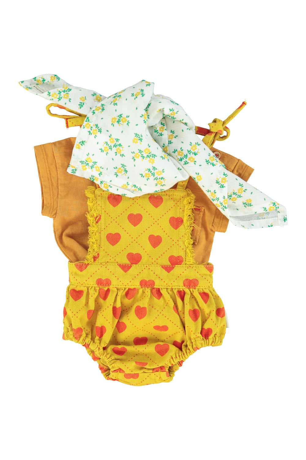 playsuit | mustard w/ red hearts allover