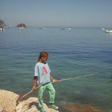Unisex blue short sleeve sweatshirt with “A” print