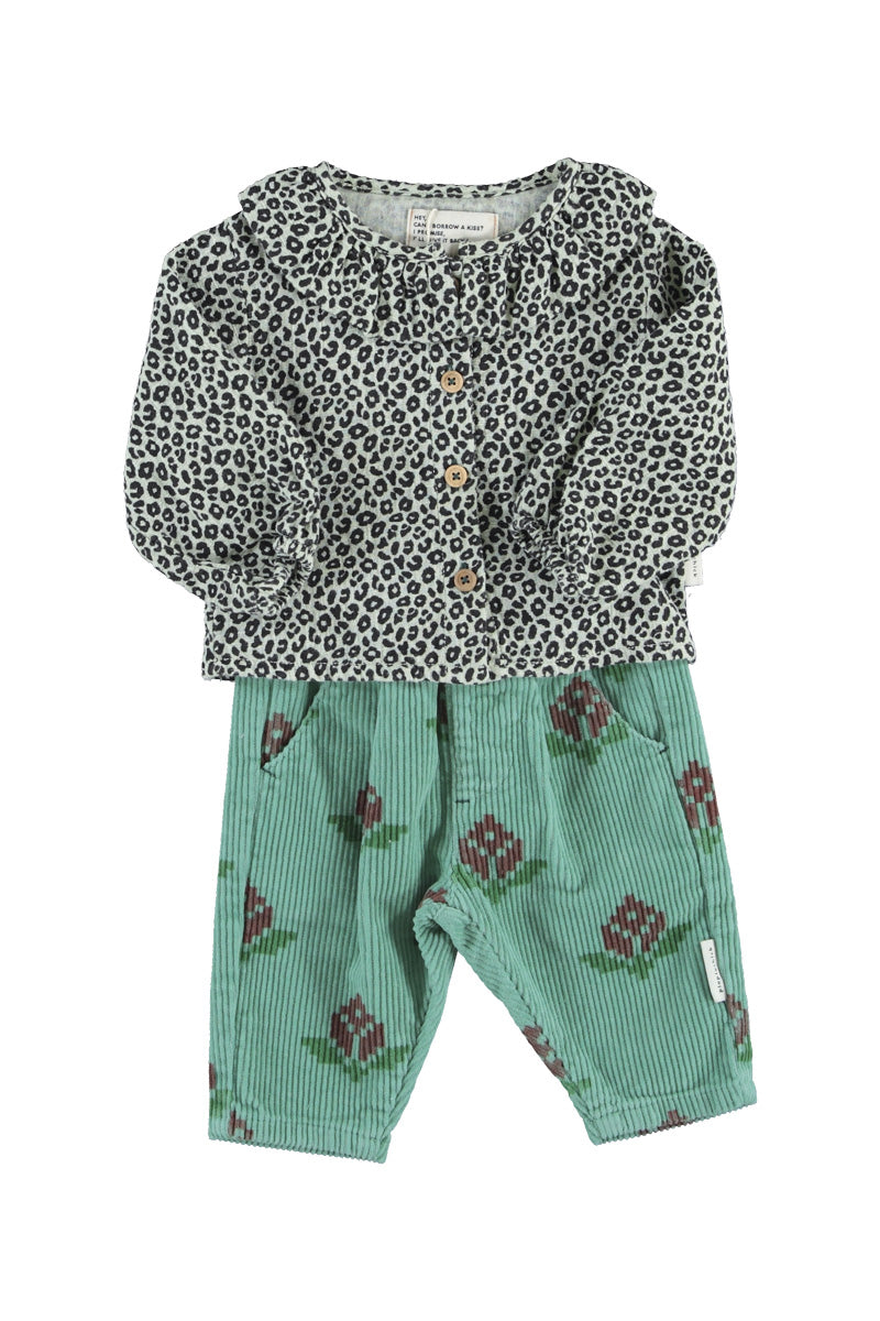 Baby Blouse with Round Collar Mint Green with Animal Print