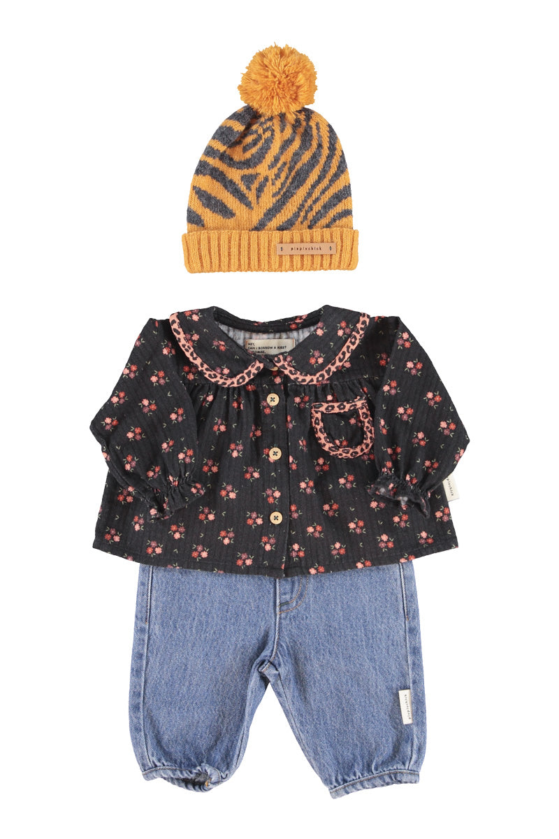 Baby Peter Pan Collar Blouse Black with Flowers