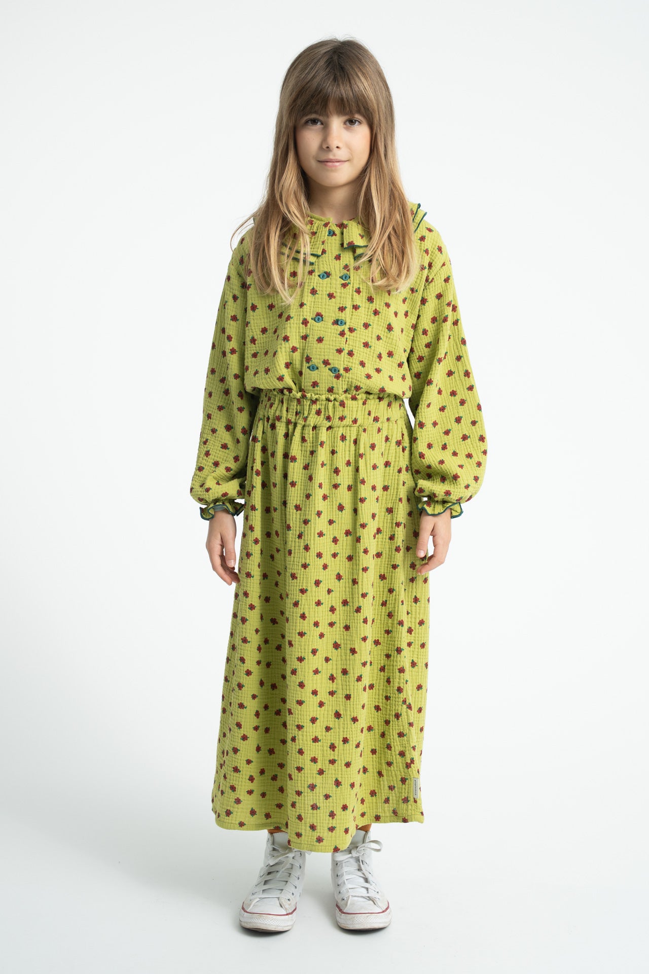 Blouse with Double Collar Pistachio Green with Little Flowers