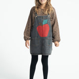Short Dress with Straps Washed Black Denim with Apple Print