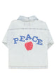 jacket | washed light blue denim w/ "peace" print