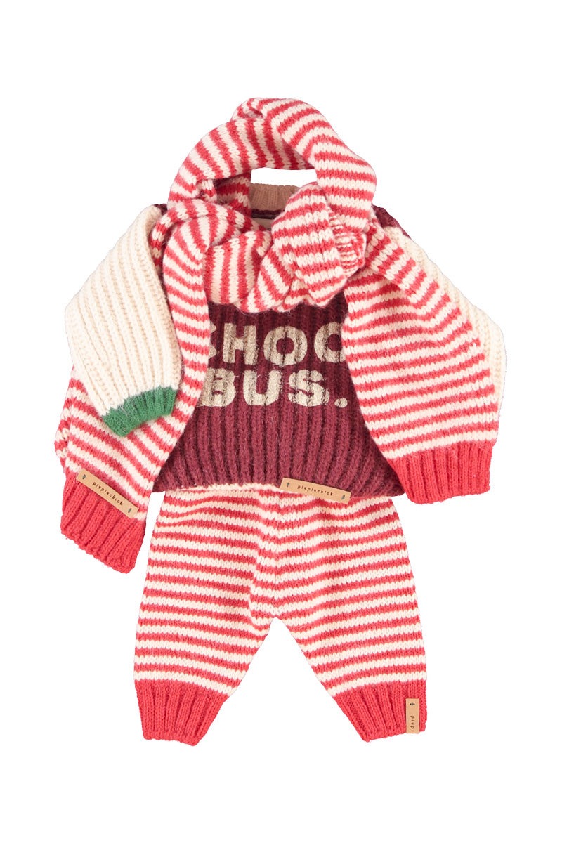 Baby Knitted Sweater Bordeaux & Ecru with "school Bus" Print