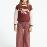 Knitted Sweater Bordeaux & Ecru with "school Bus" Print