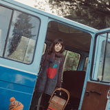 Short Dress with Straps Washed Black Denim with Apple Print