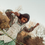 Blouse with Round Collar Green with Multicolor Flowers