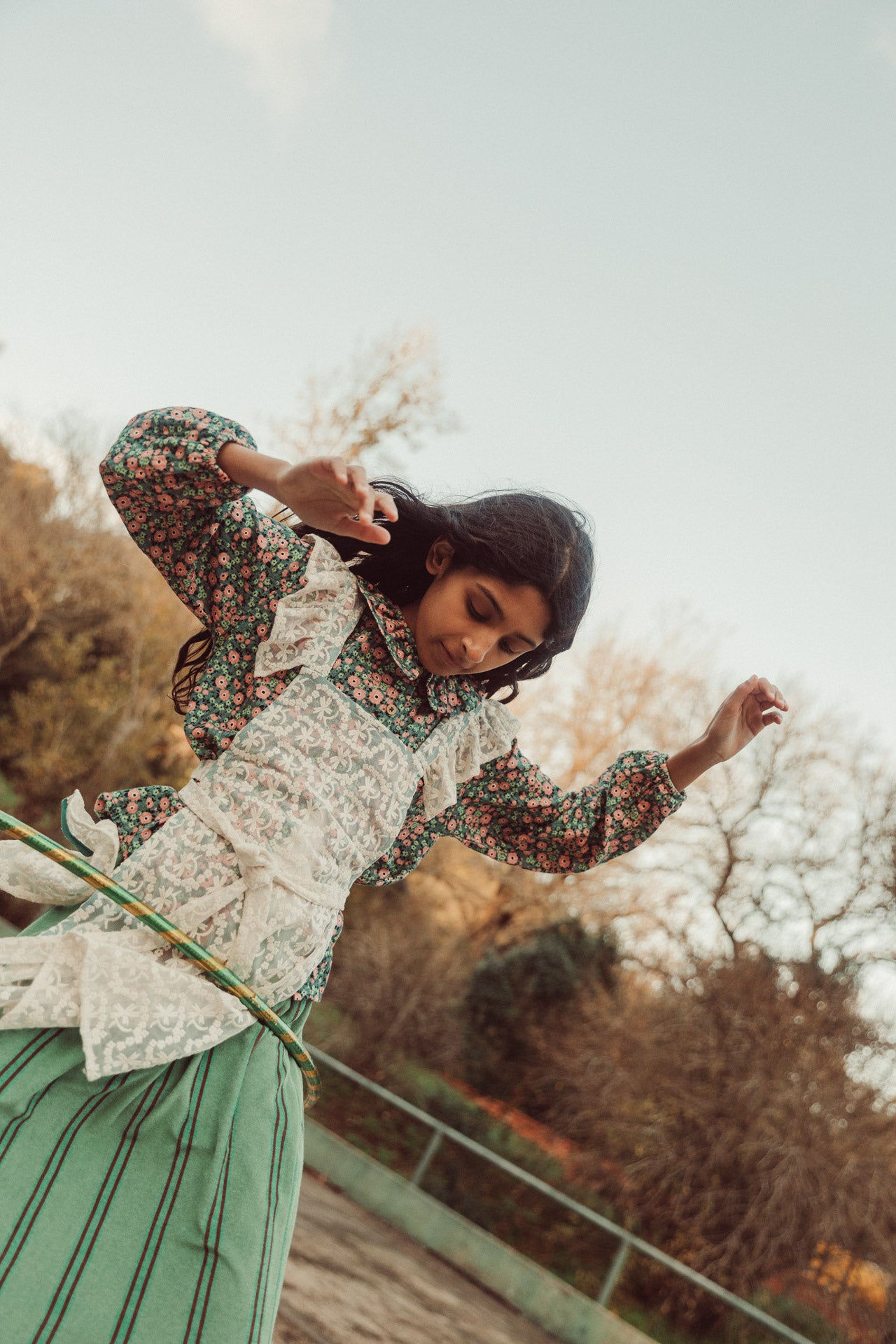 Blouse with Round Collar Green with Multicolor Flowers