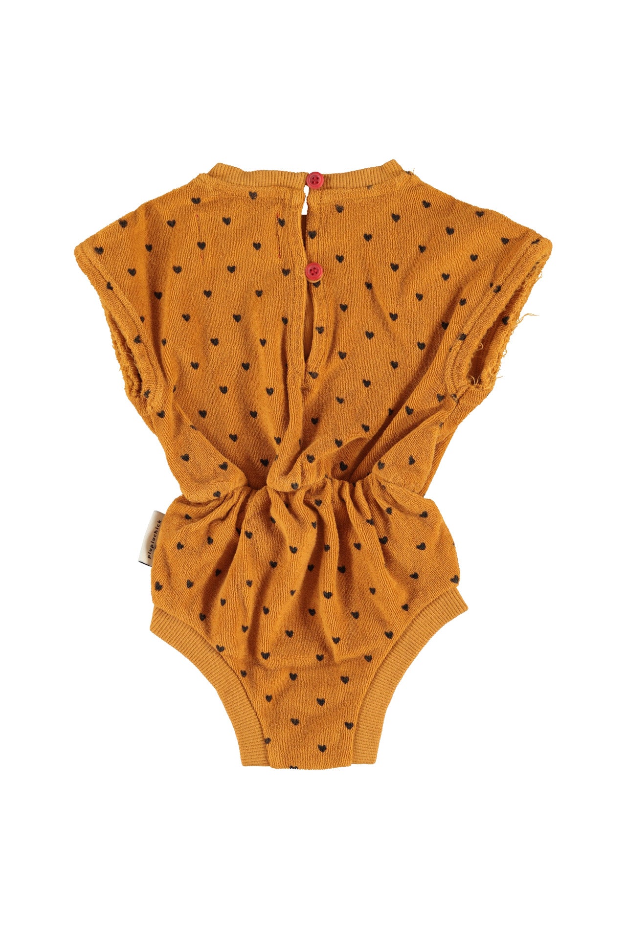 baby playsuit | camel w/ black hearts allover