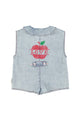 short sleeveless jumpsuit | blue light denim w/ apple print