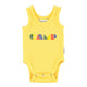 sleeveless bodysuit | yellow w/ "camp" print