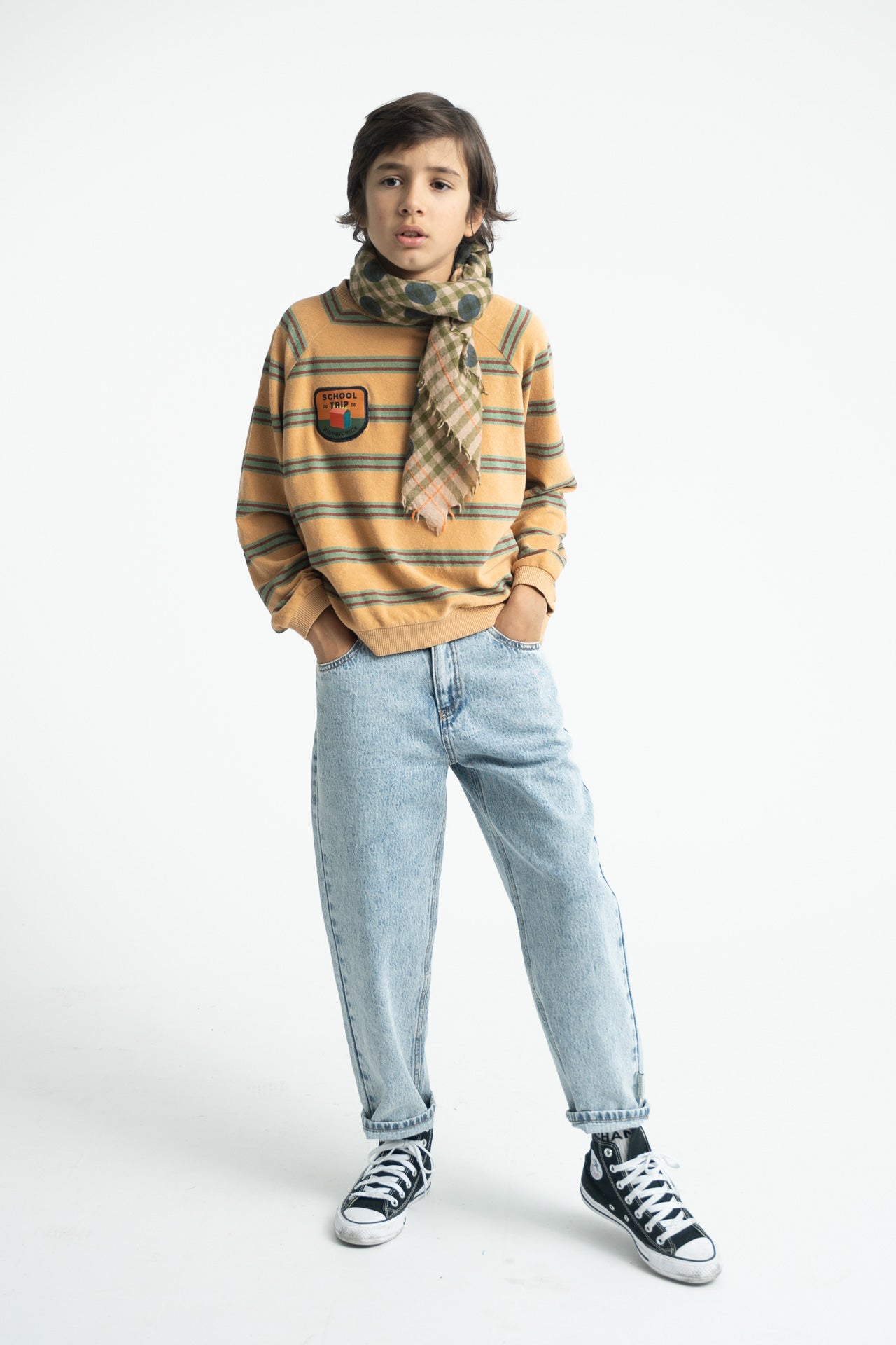 Terry Cotton Sweatshirt Sand with Double Stripes